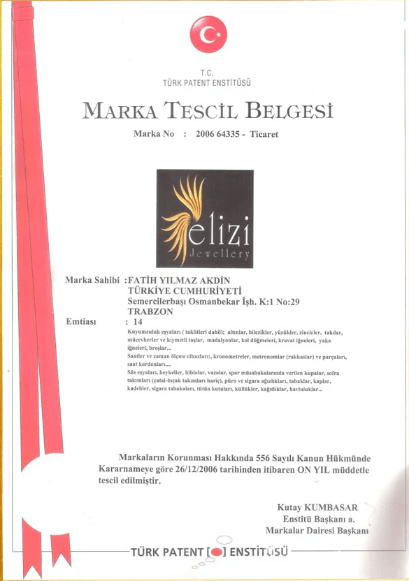 Elizi Jewellery Marka Tescil Belgesi